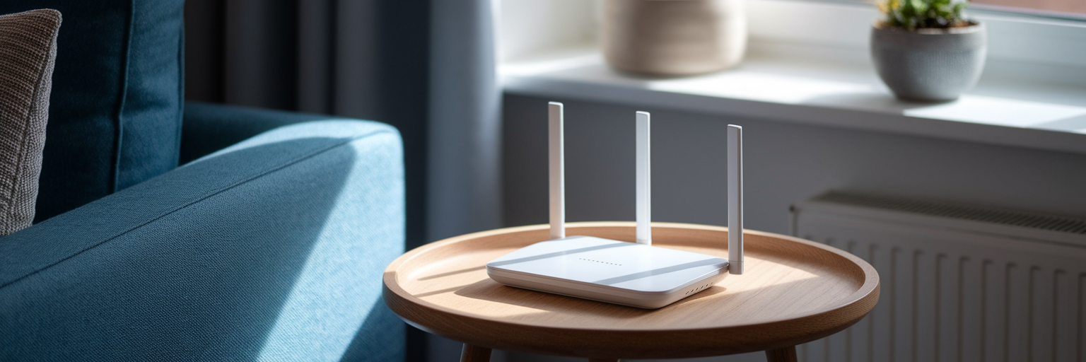 Modern WiFi router in a bright living room.