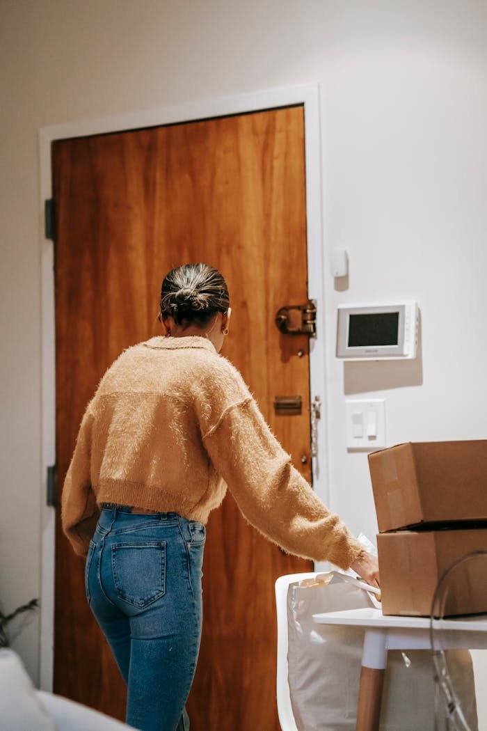 A woman in casual attire handling boxes, standing near a door indoors.